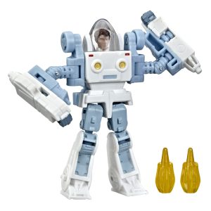 Futuristic robot action figure with cockpit, articulated limbs, and dual weapons for imaginative play.