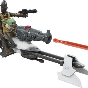 Futuristic bounty hunter on sleek speeder bike, armed and ready for action in sci-fi scene.