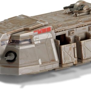 Futuristic vehicle model with crew, showcasing advanced design for exploration and transport in space.
