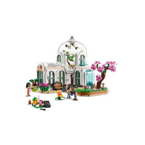 Vibrant garden shop scene with greenhouse, colorful flowers, and lively activities among figures.