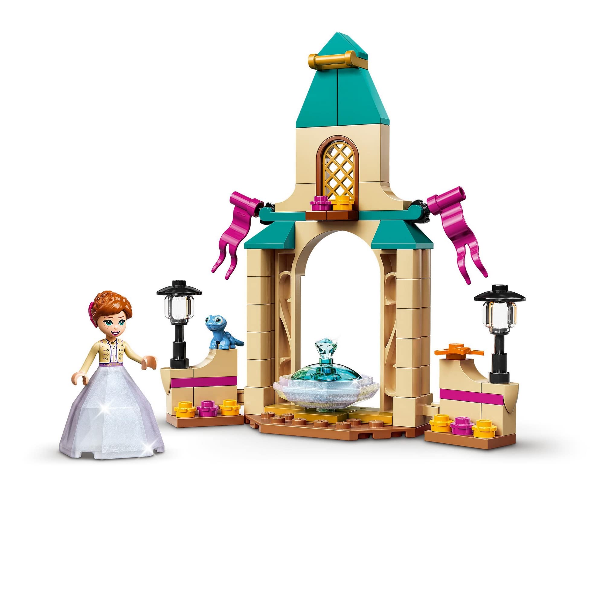 Charming LEGO Gazebo set with a princess, fountain, and vibrant flowers for imaginative play.