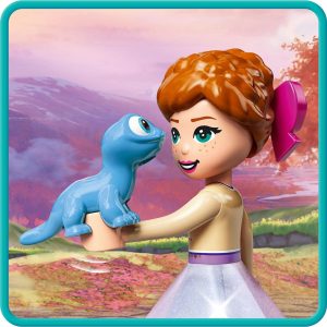 Joyful girl with blue dinosaur in a whimsical sunset landscape, celebrating friendship and imagination.