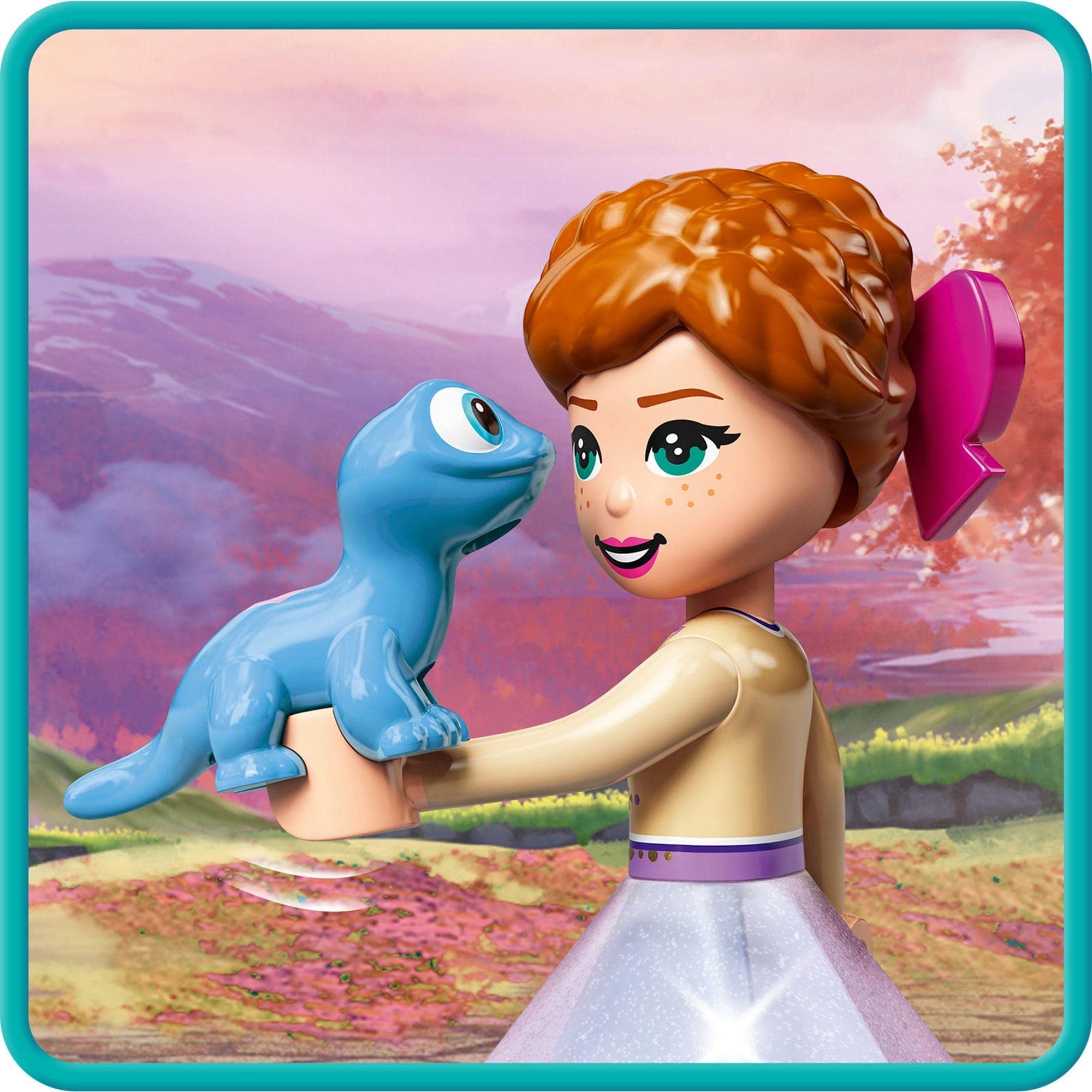 Joyful girl with blue dinosaur in a whimsical sunset landscape, celebrating friendship and imagination.