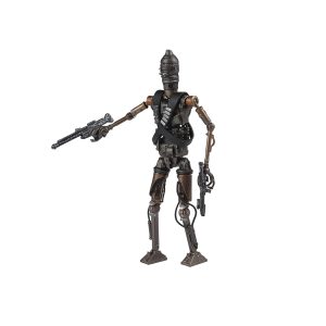 Dynamic humanoid robot figure in bronze and dark gray, armed for combat in futuristic design.