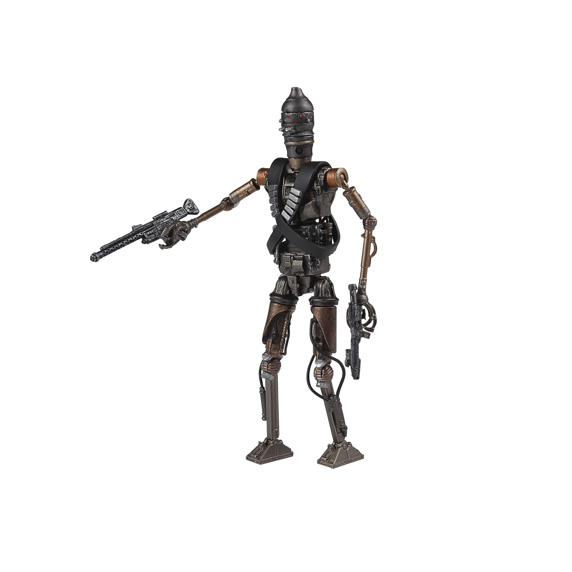 Dynamic humanoid robot figure in bronze and dark gray, armed for combat in futuristic design.