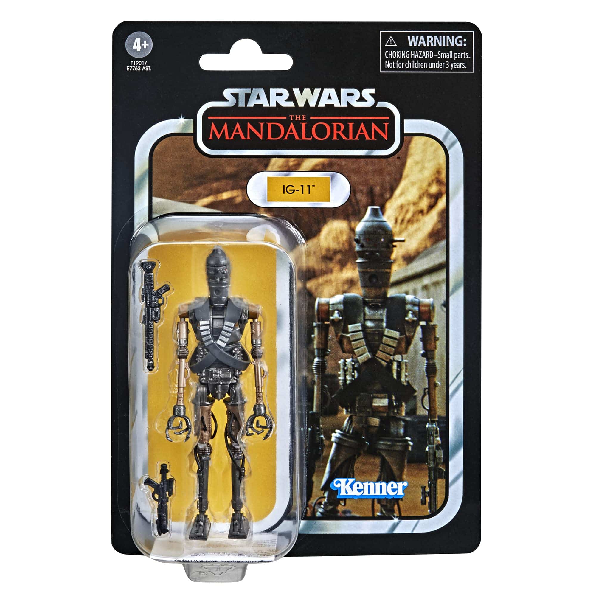 IG-11 collectible action figure from The Mandalorian in vintage blister pack with blaster accessory.