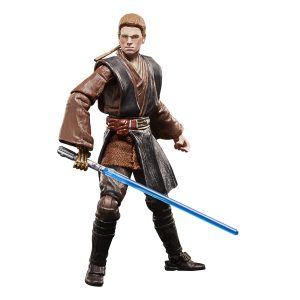 Dynamic Jedi action figure wielding a blue lightsaber, embodying skill and readiness for battle.