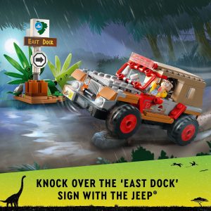 Colorful LEGO jeep speeds through lush forest, ready to knock over the East Dock sign.