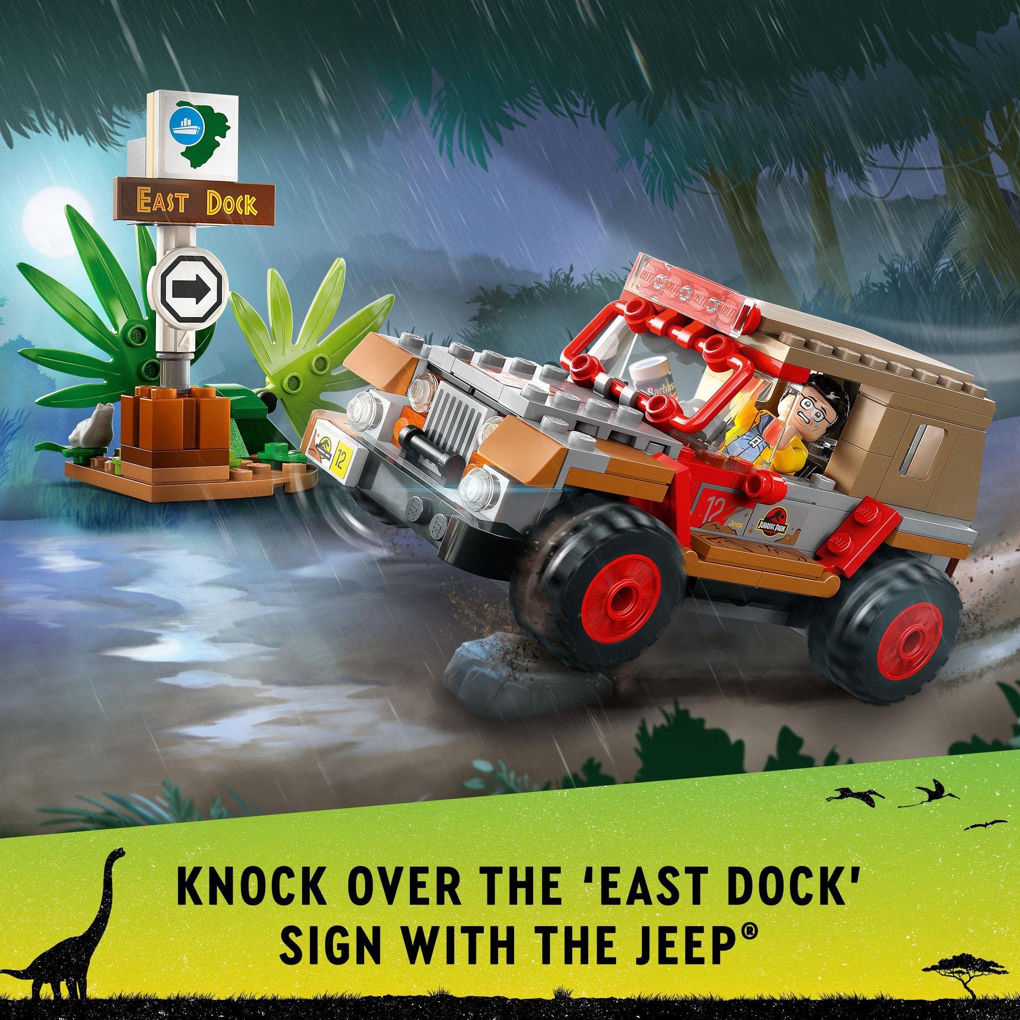 Colorful LEGO jeep speeds through lush forest, ready to knock over the East Dock sign.