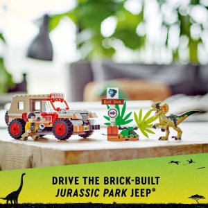 Colorful LEGO Jurassic Park jeep set with dinosaur scene and vibrant greenery for imaginative play.