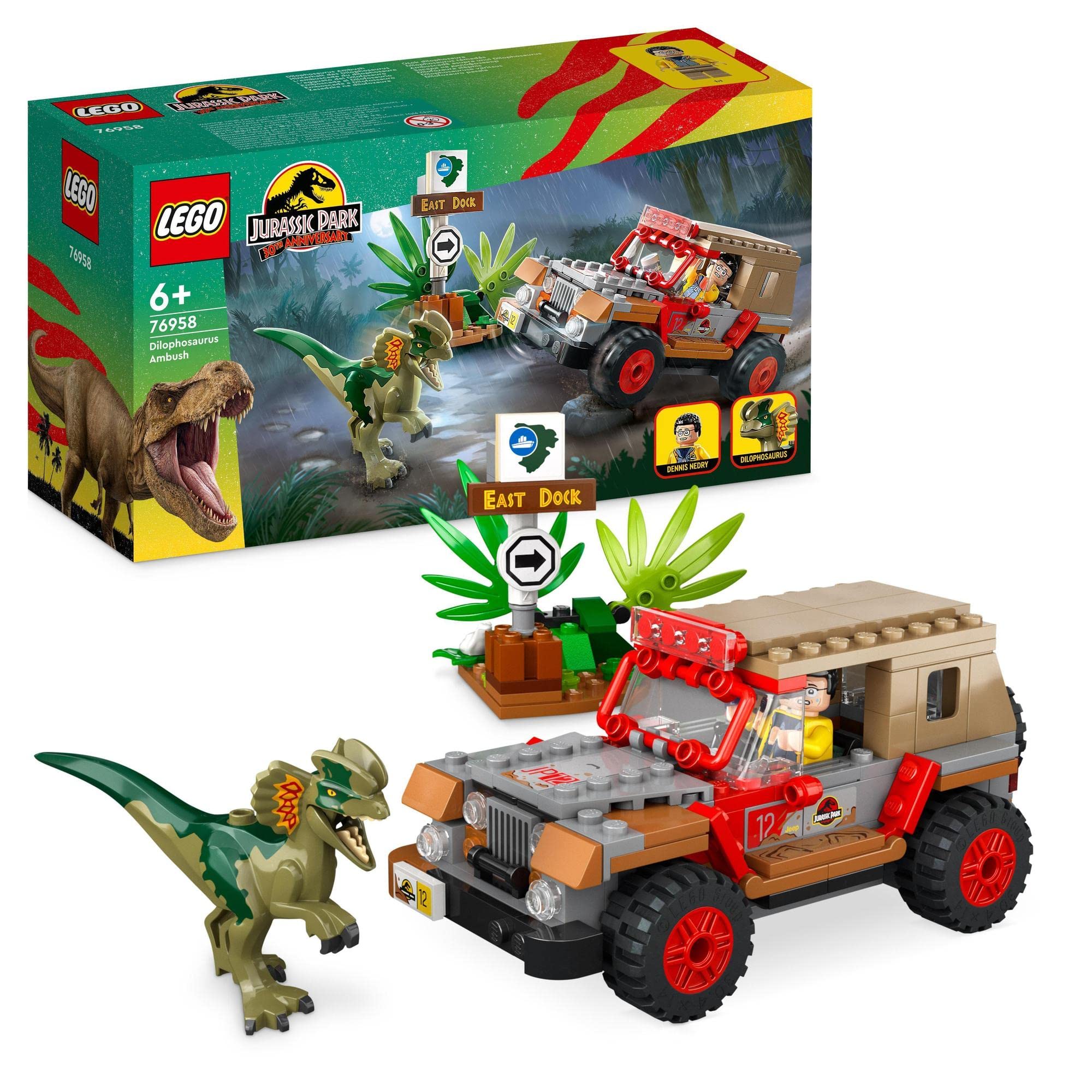 Explore Jurassic Park with this LEGO set featuring a rugged vehicle and vibrant dinosaur figure.