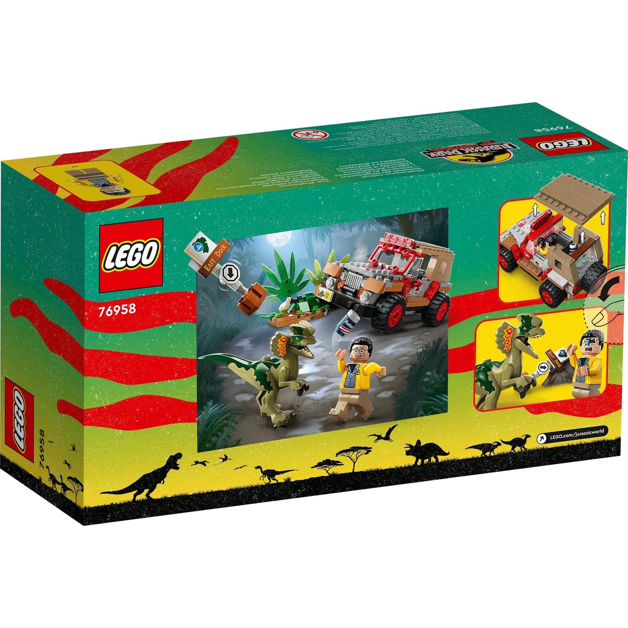 LEGO 76958 Dinosaur Adventure set: thrilling jungle chase with jeep and dinosaurs awaits exploration!