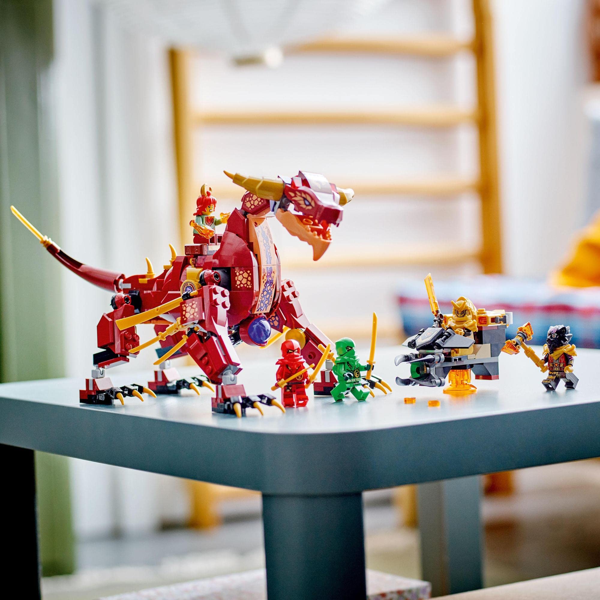 LEGO dragon battle scene with colorful mini-figures in a cozy indoor adventure setting.