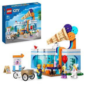 Colorful LEGO City Ice Cream Parlor set with mini-figures and accessories for imaginative play.