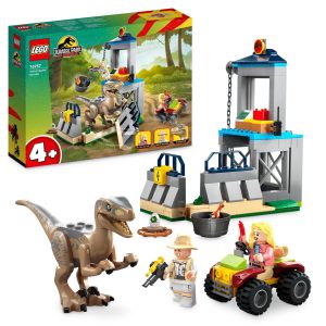 LEGO Jurassic Park set with raptor, minifigures, ATV, and enclosure for imaginative dinosaur adventures.
