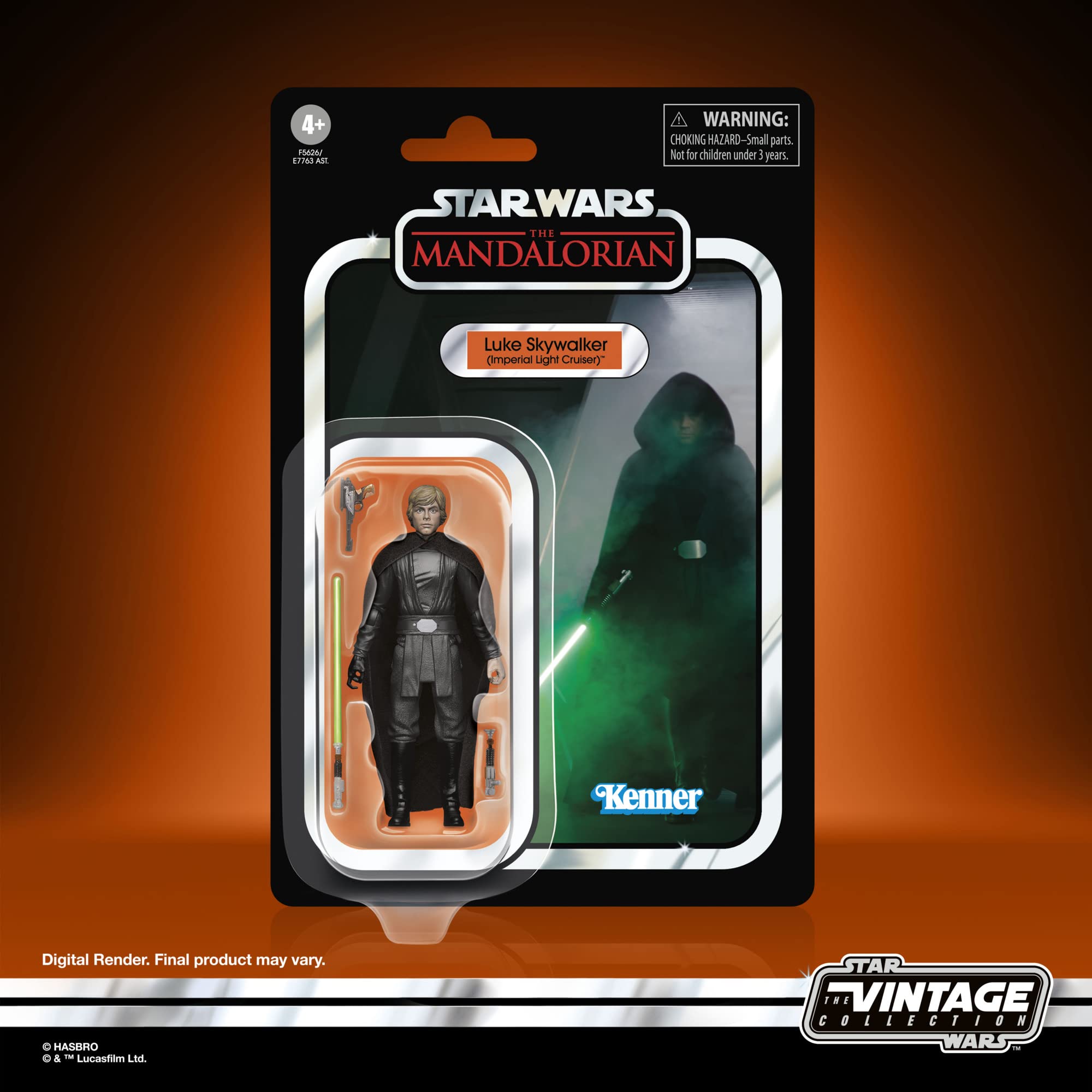 Luke Skywalker action figure from The Mandalorian, vintage collection display in iconic packaging.