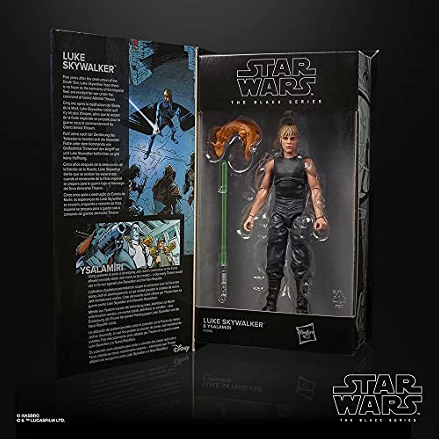 Luke Skywalker action figure in dynamic pose, featuring iconic Star Wars branding and vibrant artwork.