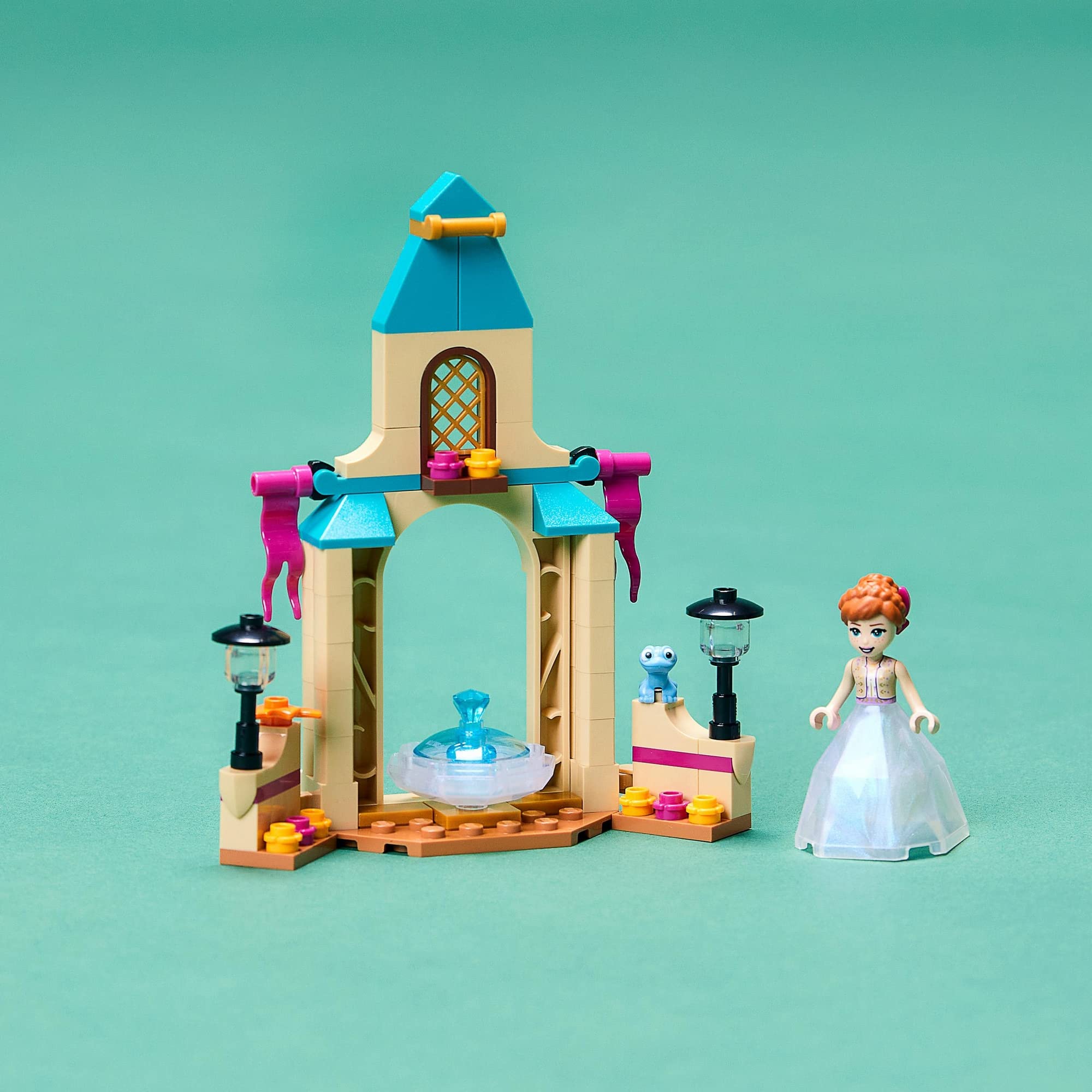 Enchanting fairy-tale garden with a vibrant fountain, colorful flowers, and a princess figure.