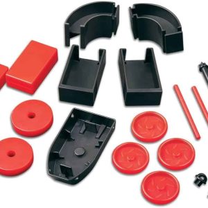 Vibrant red and black mechanical assembly kit components for versatile DIY projects.