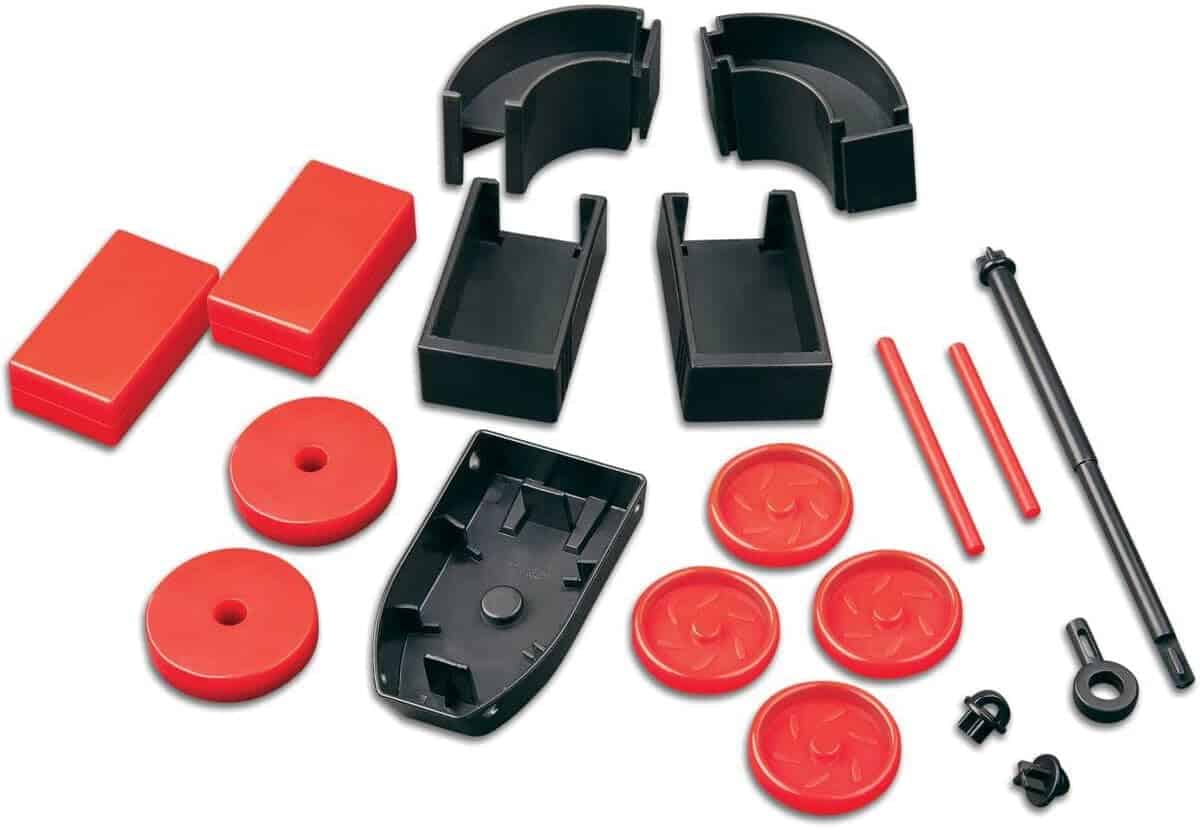 Vibrant red and black mechanical assembly kit components for versatile DIY projects.