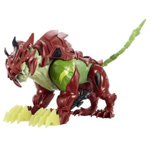 Dynamic mechanical cat beast with red and green armor, showcasing a fierce and predatory design.