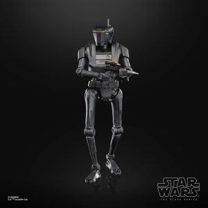 Dynamic black droid action figure in fierce pose, highlighting its sleek design and combat-ready features.
