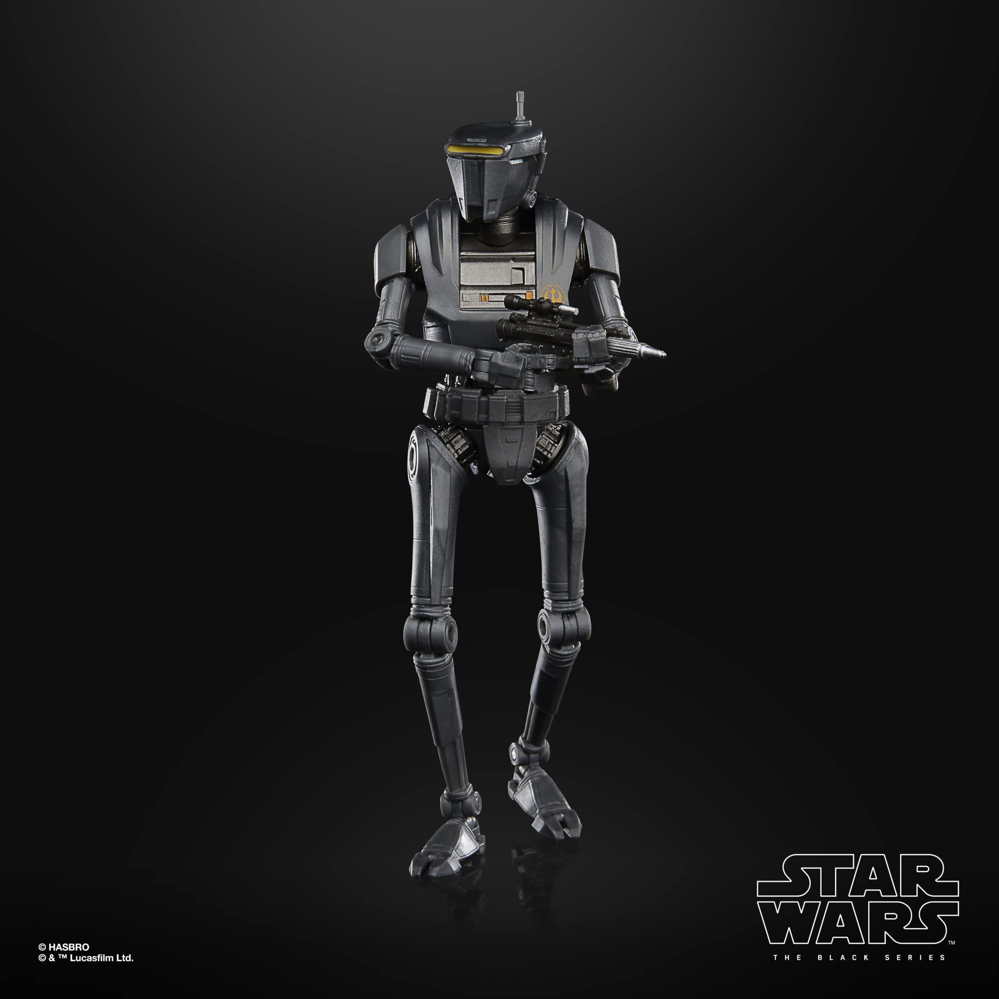 Dynamic black droid action figure in fierce pose, highlighting its sleek design and combat-ready features.
