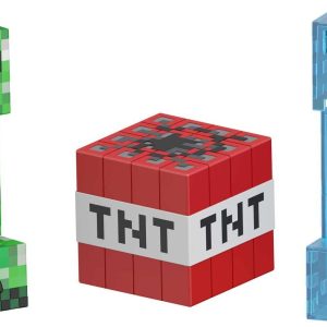 Minecraft creeper, TNT block, and guardian showcasing the games explosive and adventurous elements.