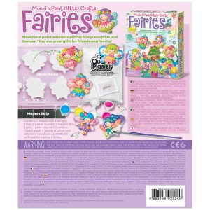 Back of Mould and Paint Glitter Crafts kit showcasing fairy-themed molds and colorful designs.