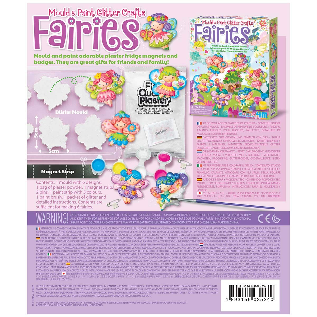 Back of Mould and Paint Glitter Crafts kit showcasing fairy-themed molds and colorful designs.
