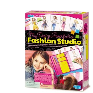 Fun fashion design kit for kids featuring vibrant designs and creative outfit sketches.