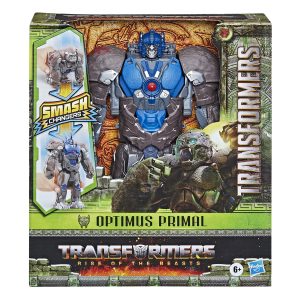 Optimus Primal action figure in colorful packaging, featuring interactive play from Transformers: Rise of the Beasts.