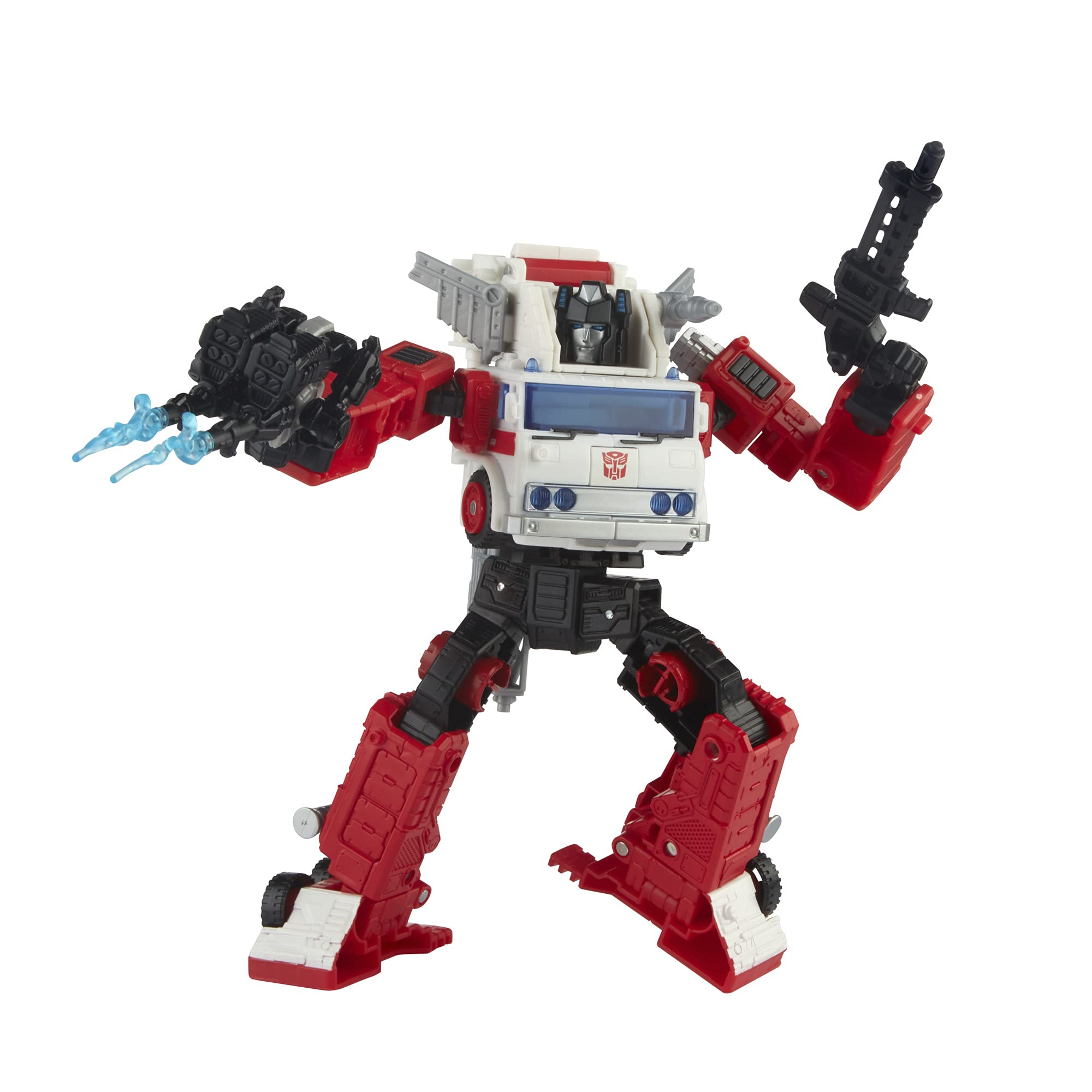 Vibrant robot action figure in red, black, and white, brandishing futuristic weapons for battle.