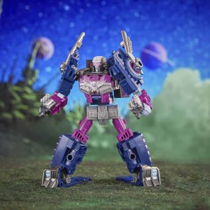 Colorful space robot hero on alien terrain, ready for epic cosmic adventures beneath starry skies.