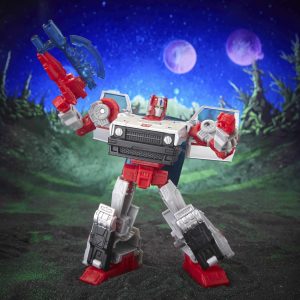 Colorful robot heroically poses in an epic sci-fi landscape with alien plants and planets.