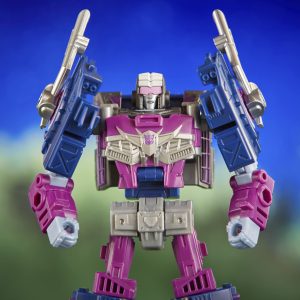 Classic robot action figure with blasters in vibrant colors, set against a dynamic backdrop.