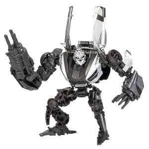 Sleek futuristic mech warrior with glowing eyes, dynamic pose, and powerful armament in black and silver.