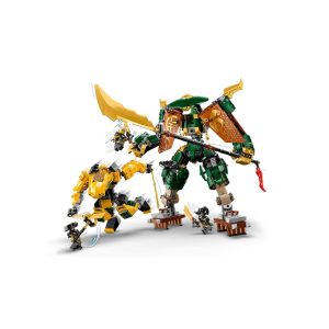 Energetic Lego robot battle featuring sleek fighters and dynamic allies in vibrant colors.