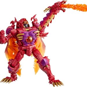 Vibrant robotic dragon action figure with fiery blast showcasing aggressive and dynamic pose.