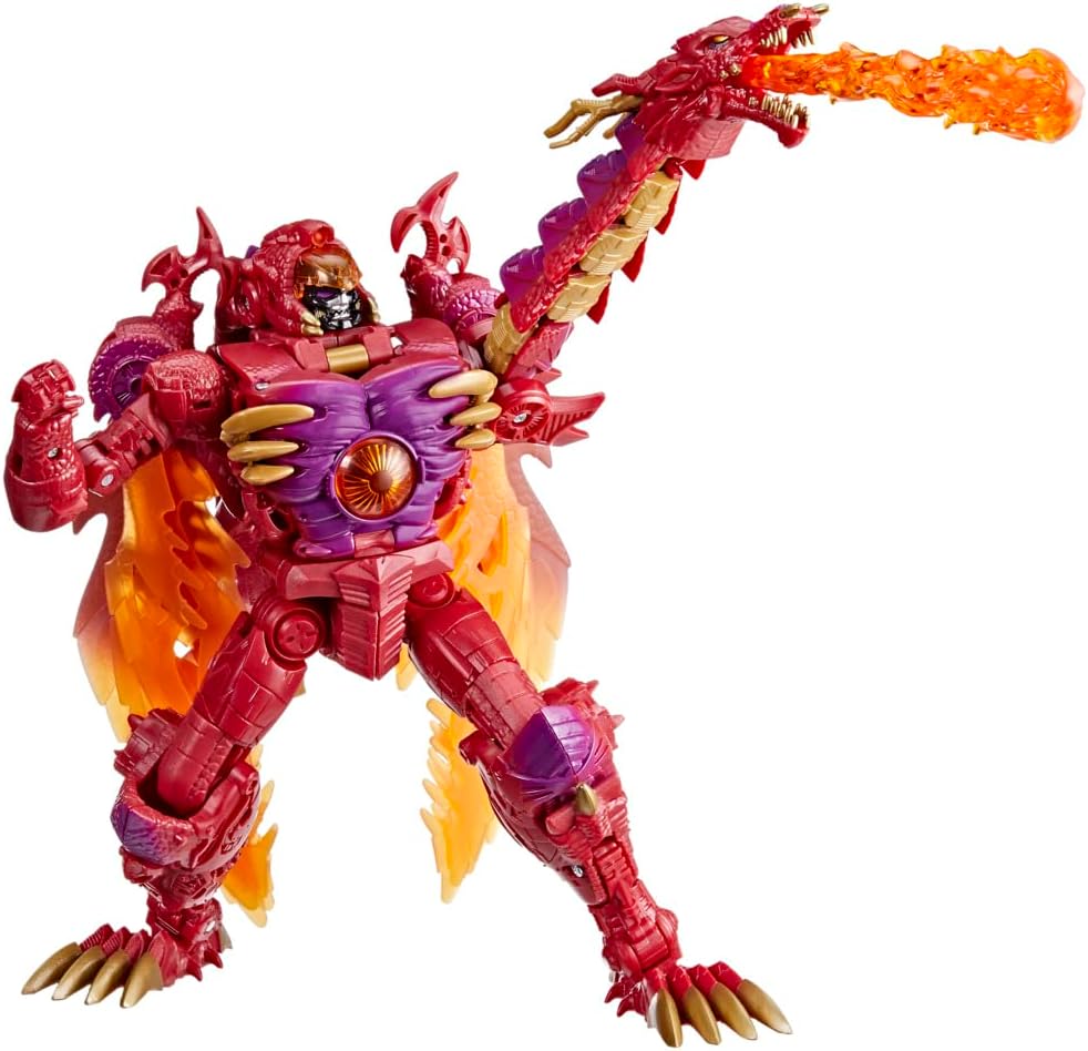 Vibrant robotic dragon action figure with fiery blast showcasing aggressive and dynamic pose.