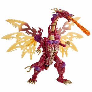 Vibrant robotic dragon action figure with translucent wings and dynamic pose, featuring fiery details.
