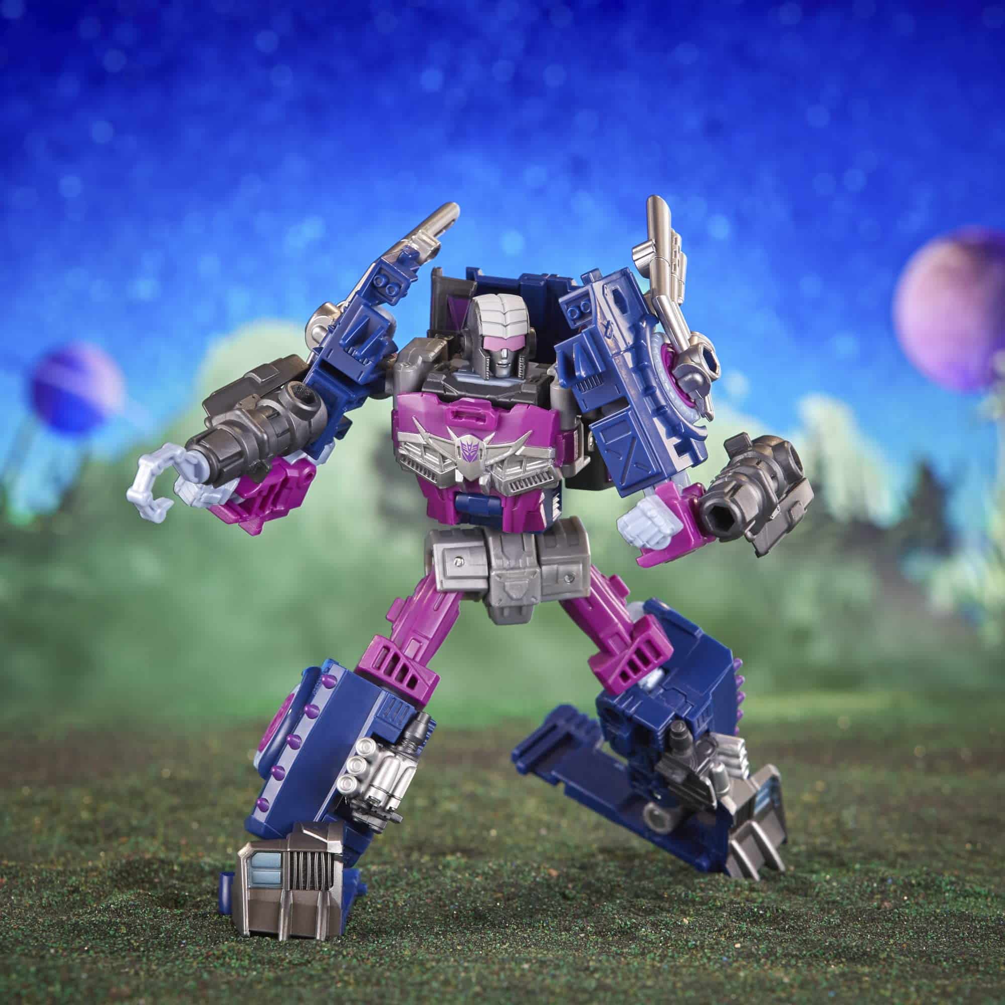 Vibrant robotic warrior in a cosmic landscape, ready for adventure and action.