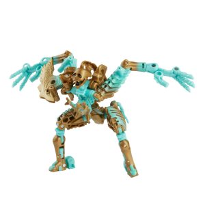Stylish gold and turquoise robotic figure in an energetic, action-ready pose.