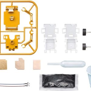 Vibrant robotic model kit parts for creative assembly, including sprue, wheels, and essential tools.