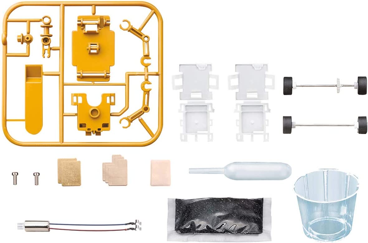 Vibrant robotic model kit parts for creative assembly, including sprue, wheels, and essential tools.
