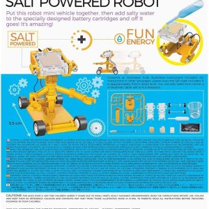 Eco-friendly Salt Powered Robot packaging, promoting learning through play and sustainable energy solutions.