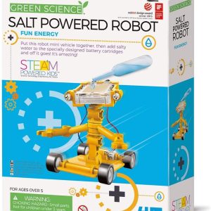 Vibrant Salt Powered Robot Science Kit packaging, promoting STEM learning through fun, innovative energy use.