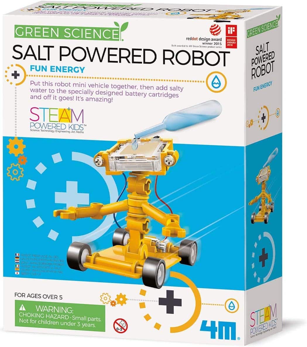 Vibrant Salt Powered Robot Science Kit packaging, promoting STEM learning through fun, innovative energy use.