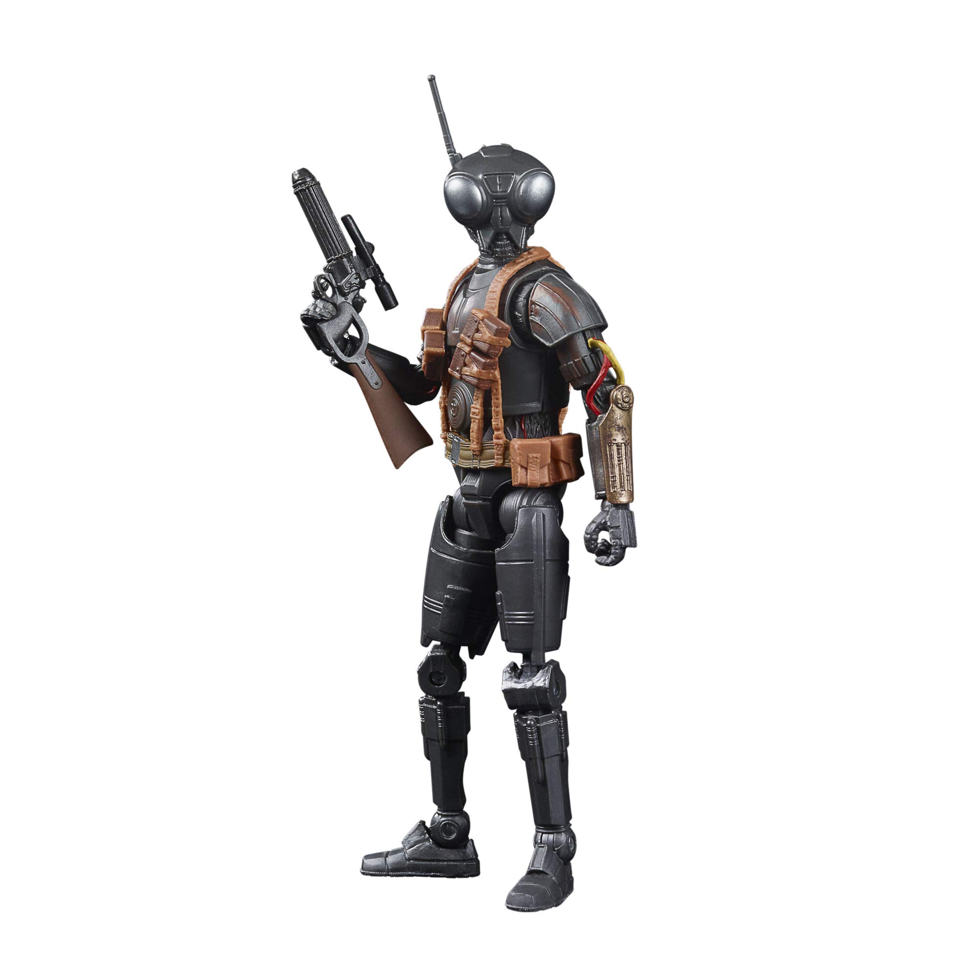 Futuristic action figure with alien head, blaster, and tactical gear for collectors and enthusiasts.