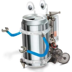 Whimsical soda can robot with googly eyes and flexible blue arms, lively and playful design.